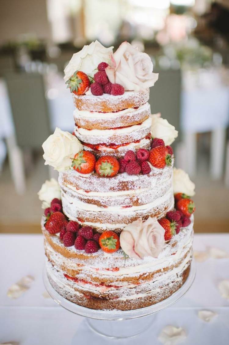 bröllopstårta utan fondantdekoration-frukt-jordgubbar-hallon