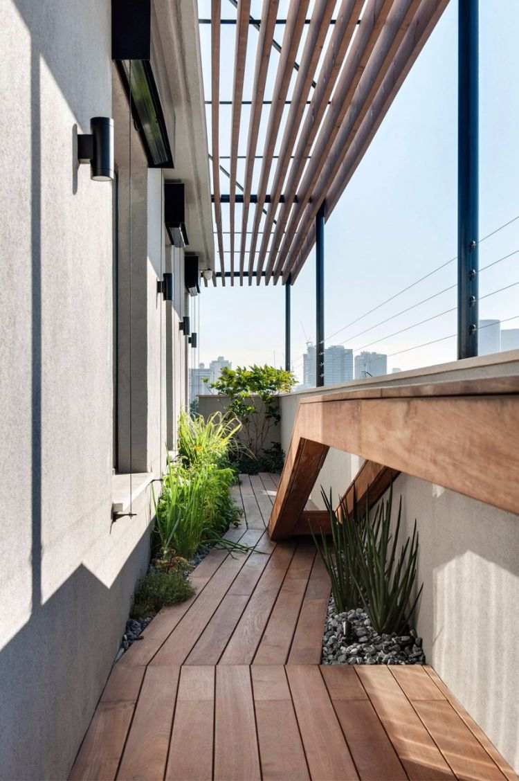 Trä för terrass -moderna-kombinera-terrass-tak-växter-soligt