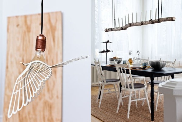 trä lampa gren ljus rustik belysning matsal