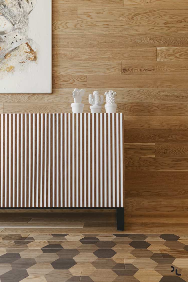 trä modernt vardagsrum detalj skänk väggbeklädnad trägolv motiv
