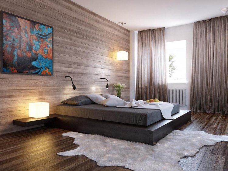 tapet-trä-trä-look-sovrum-säng-minimalistisk-gardin-bild