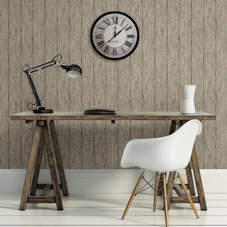 tapeter-trä-trä-look-skrivbord-vägg-klocka-stol-eames-stol-plast