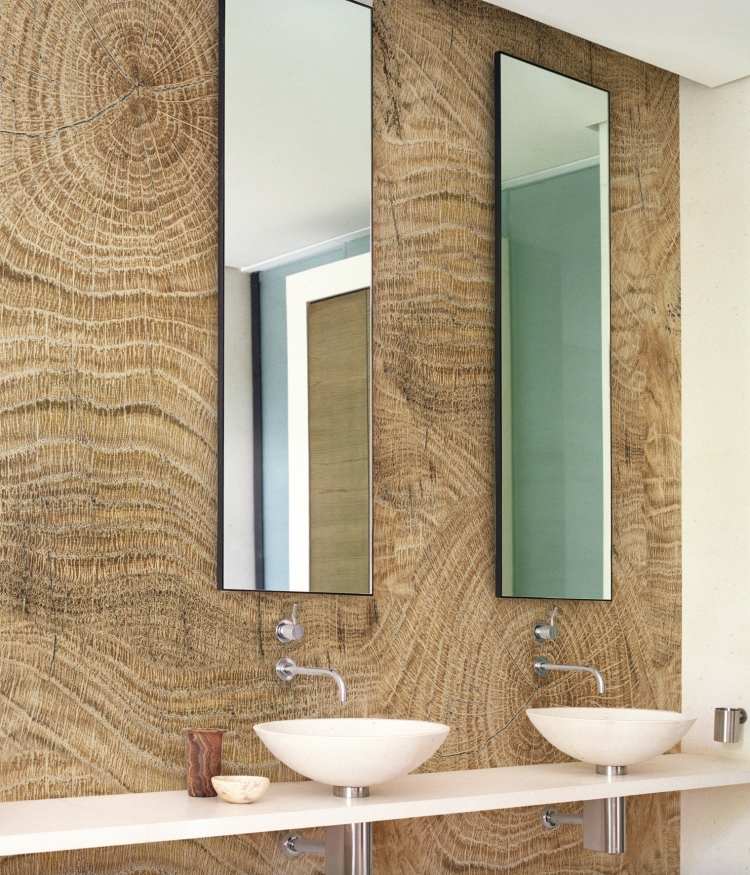 Trä tapeter-trä-look-golv-tapeter-badrum-dubbla handfat-spegel-kran-bänk tvättställ