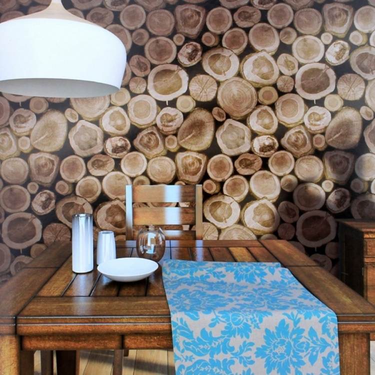 tapet-trä-trä-look-trä-skivor-matbord-bord-bordsrunner-blå-hängande lampa