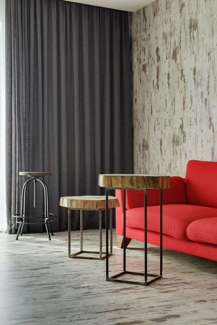 Trä och stål vardagsrum-röd-soffa-laminat-golv-vägg-dekoration