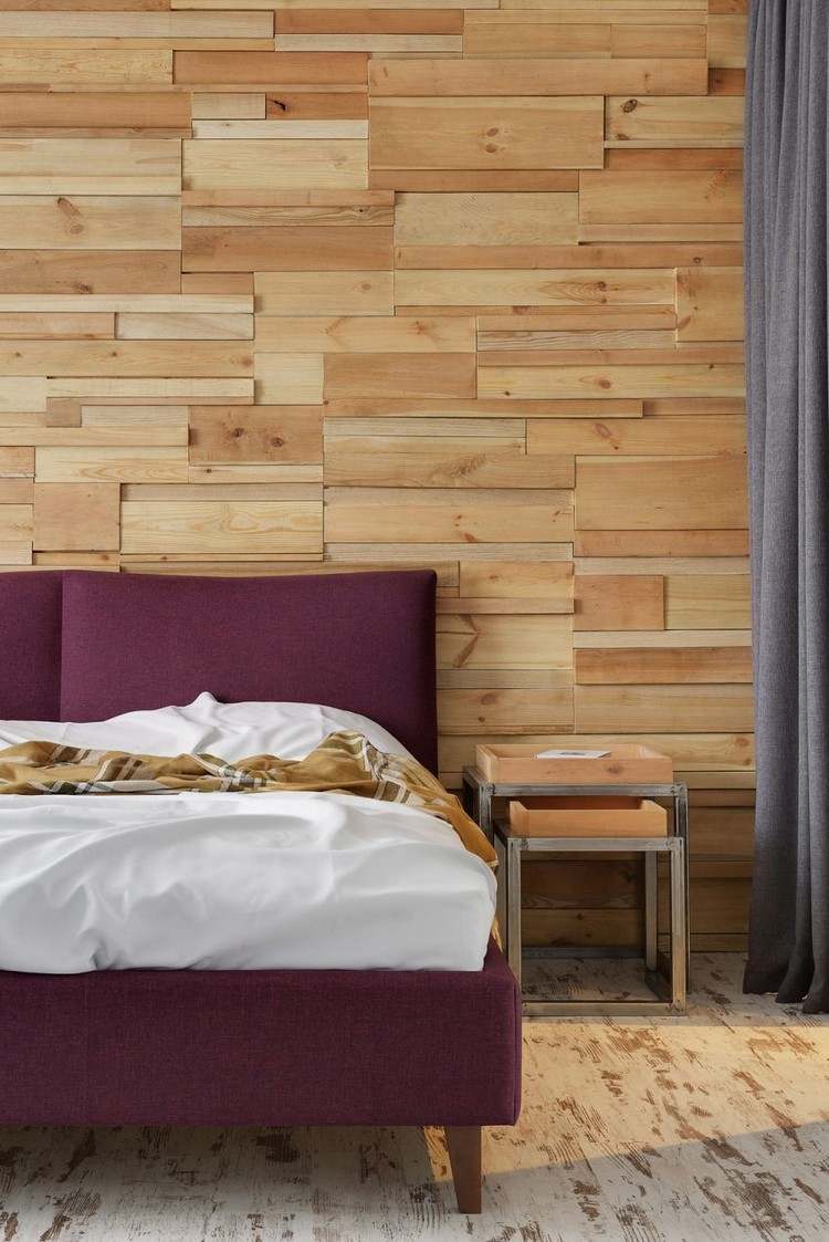 trä-stål-interiör-sovrum-trä-panel-vägg design