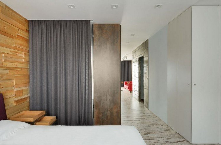 trä-stål-interiör-sovrum-trä-panel-gardin-badrum