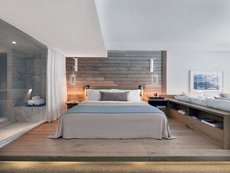 Trä och vitt design-strandhotell-sovrum-trä-väggbeklädnad-glas-taklampor
