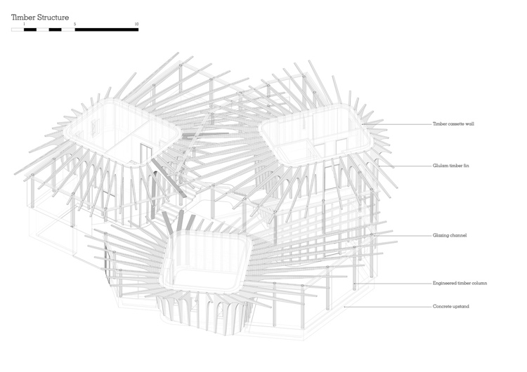 Tre byggvolymer för en byggnad Blueprint med detaljer