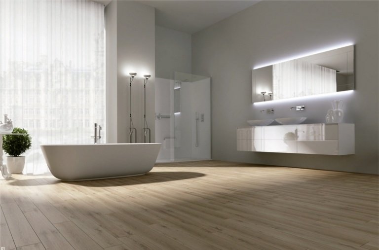 Trägolv-badrum-tätning-modern-optisk-vit-badrumsmöbler