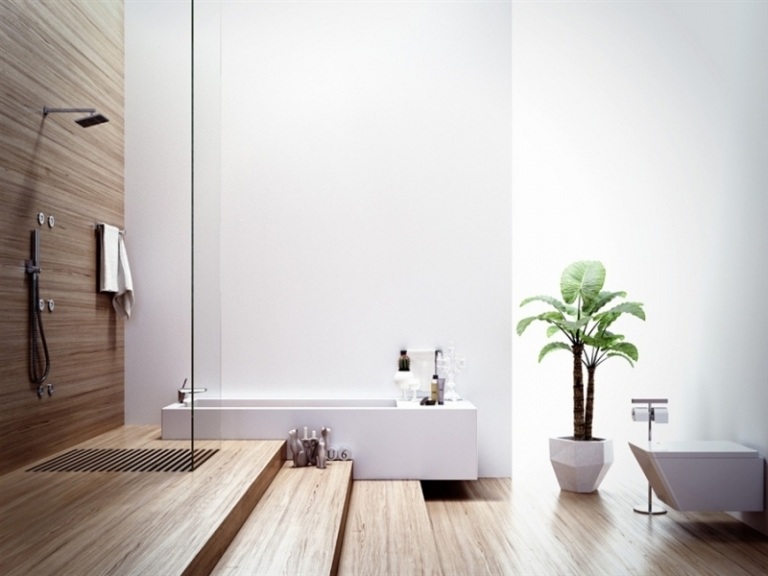 Trägolv-badrum-idéer-badkar-duschkabin-golv-nivå glasvägg