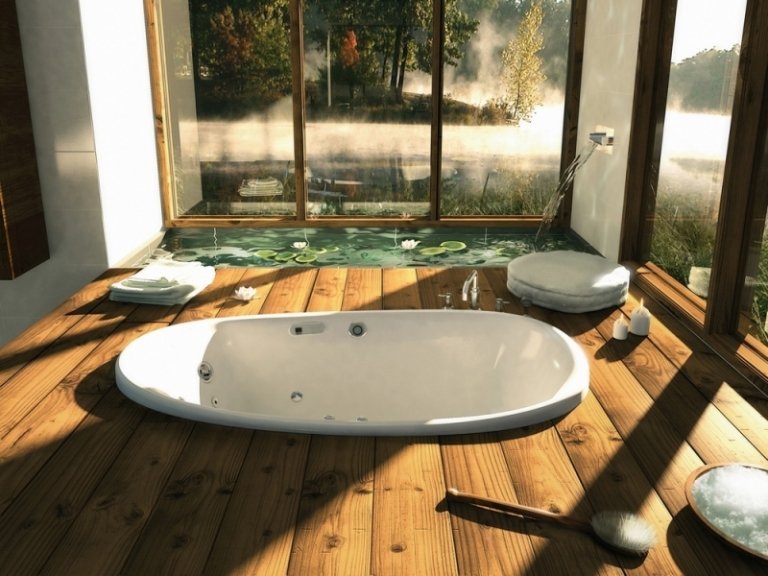 Trägolv i badrummet-massivt inbyggt badkar-vattentätt-resistent