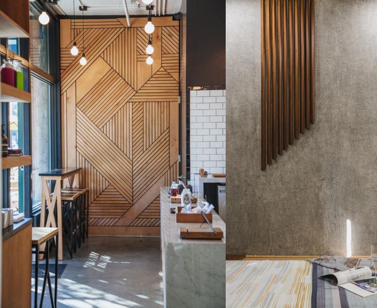 träpaneler på väggen accentuerar modern betongvägg modern lägenhet i industriell stil