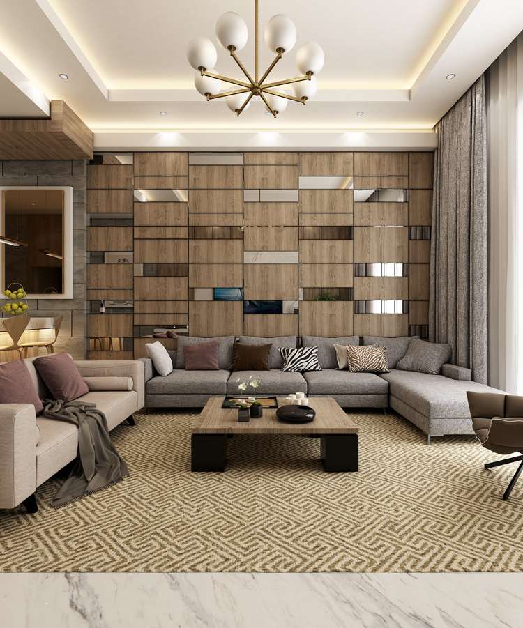 träpaneler på väggen vardagsrum neutralt möblerat marmorgolv hörnsoffa vävd matta