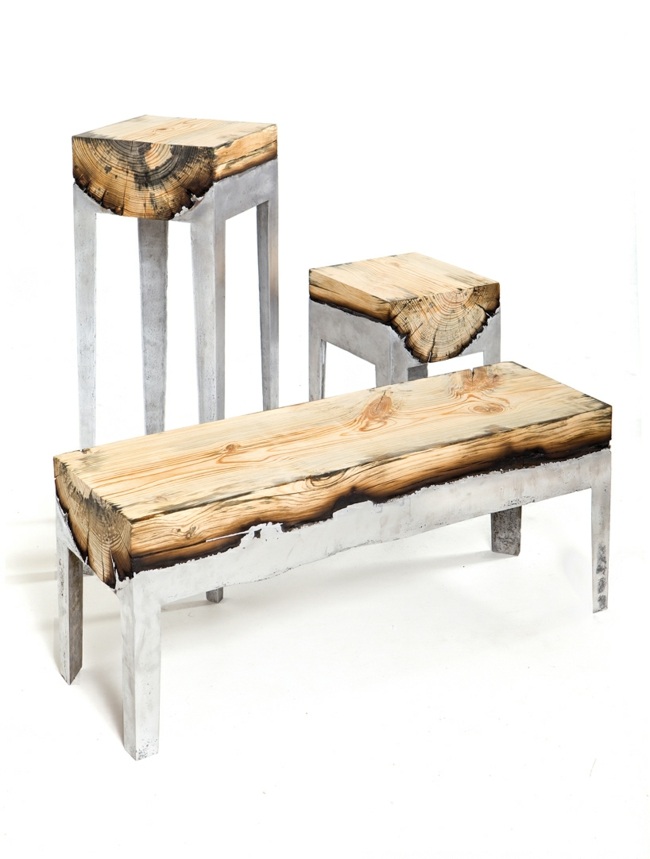Träbord med metallram, matbord, barstol, minimalistisk rustik
