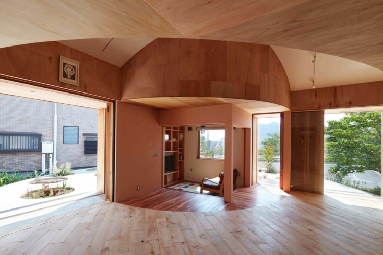 träbeklädnad i huset tak-varm-atmosfär-glidande-fönster-inredning-design