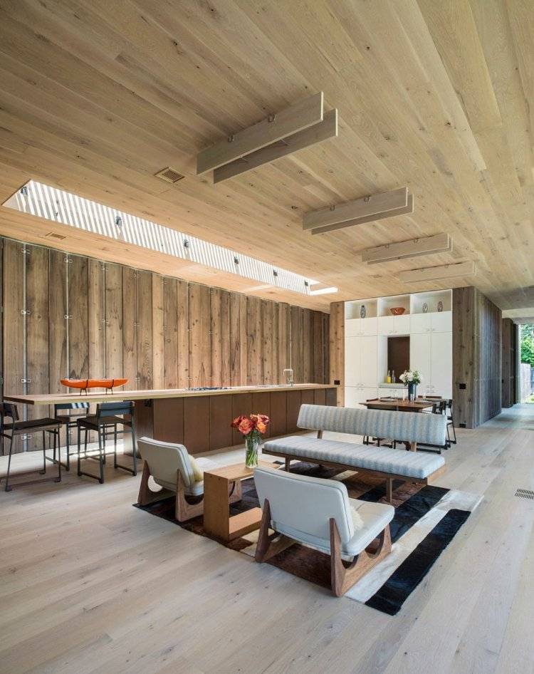 träpanel-inuti-utsida-minimalistisk-vardagsrum-öppet-kök-mitten av århundradet