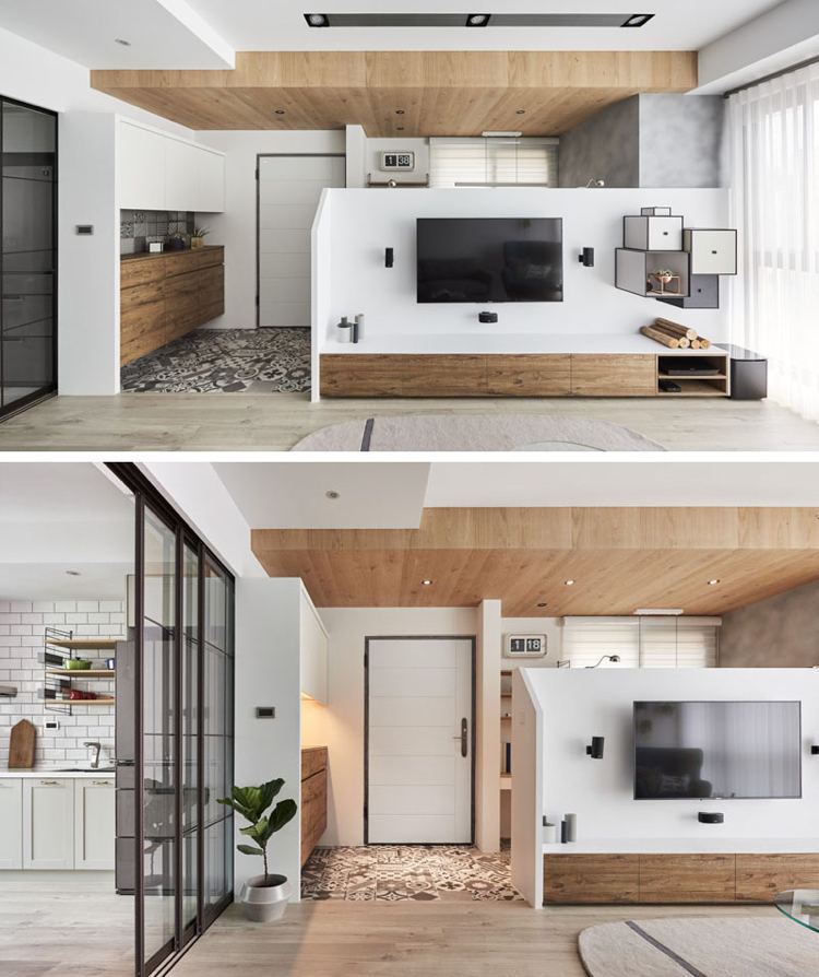 hemmakontor möbler lite utrymme vardagsrum modernt vitt trägrått