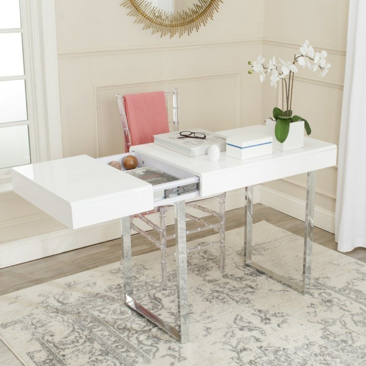 skrivbord hemmakontor utdragbart förvaringsutrymme vit högglansiga metallben