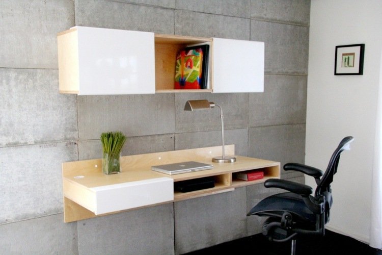 skrivbord hemmakontor vägg flytande effekt betong utseende skåp