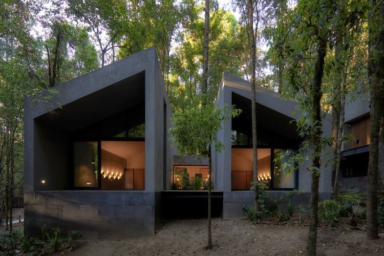 två sammankopplade hyddor i skogen med modern design och arkitektur