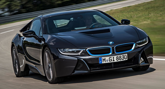 BMW i8 2014 modell elbil hybrid sportman framifrån