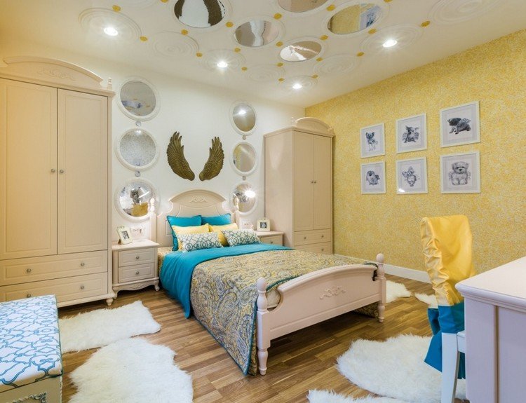 kreativ väggdesign -idé-ungdoms-rum-dekorativ-gips-flytande-tapet-gul