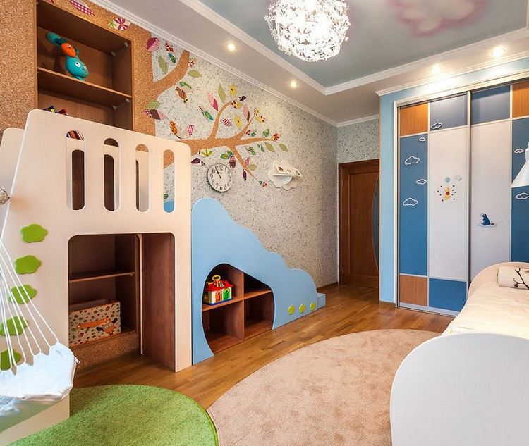 kreativ-vägg-design-idé-barnrum-gips-träd-motiv-två-färger