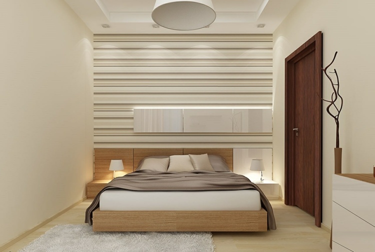 idé-sovrum-beige-ränder-tapeter-vägg-trä-säng-naturliga-element-undertak