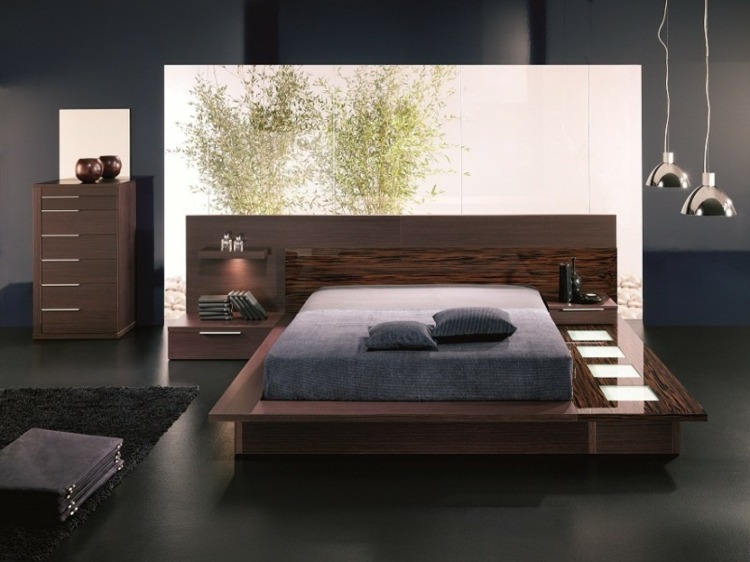 idé-sovrum-trä-säng-högglans-element-svart-vägg-golv-naturlig-dekoration