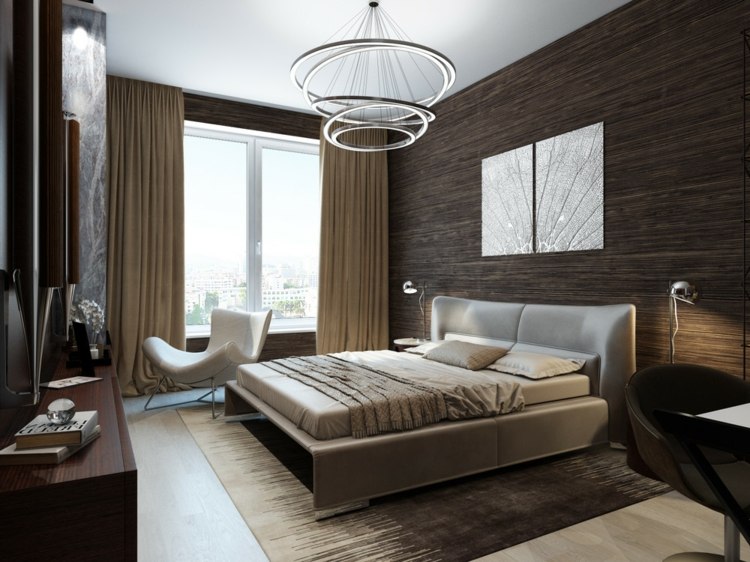 idé-sovrum-trä-vägg-brun-matta-läder-säng-beige-gardiner-designer-lampa