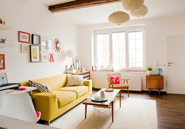Pastellfärger idé levande modern gul soffa bilder färgglada ram