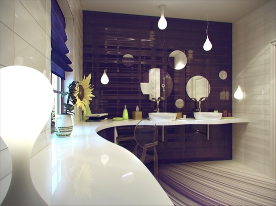 Idéer för badrumsplattor högblank rund väggspegel vit bänkskiva