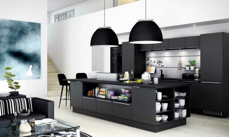 design för kök svart-mattad-modern-hylla-kök-ö