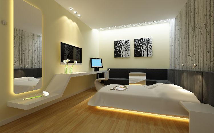 tv i sovrummet tv hängande på väggen design design alternativ futuristisk belysning