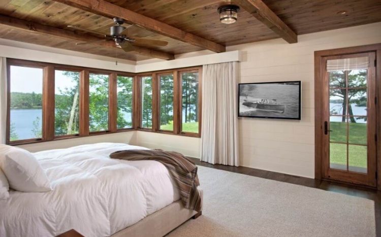 tv i sovrummet tv hänga på väggen design design alternativ rustika träbjälkar visa sjö trätak
