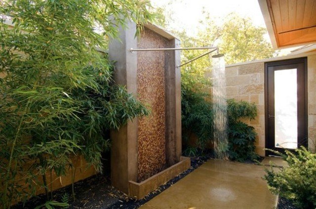 Exotisk trädgård design dusch tilldelning trädgård sekretess skärm design sten vägg