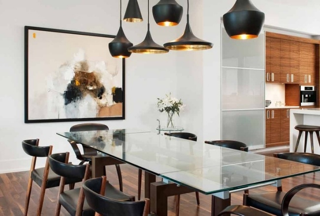 Hängande lampor design matt svart över matbord glasskiva