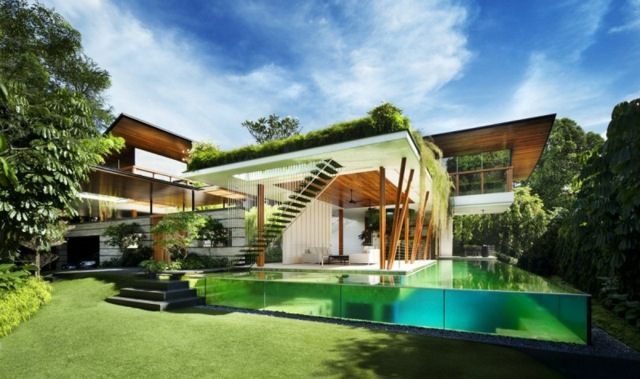 Villa med pool gräsmatta modern minimalistisk arkitektur
