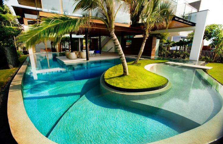 Pool i trädgården -luxus-hus-palm-gräsmatta-nivå-organiska-form-glasräcken-glasfronter