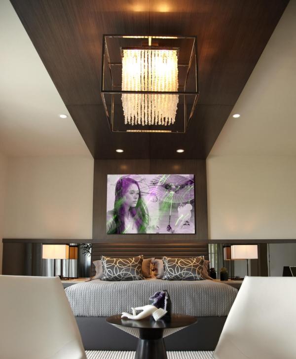 Taklampa design för sovrum-moderna interiör-takpanel trä
