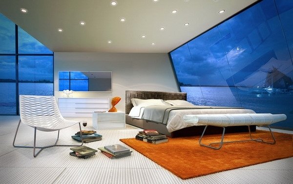 Modernt sovrum med havsutsikt-inbyggda taklampor-röd ullmatta