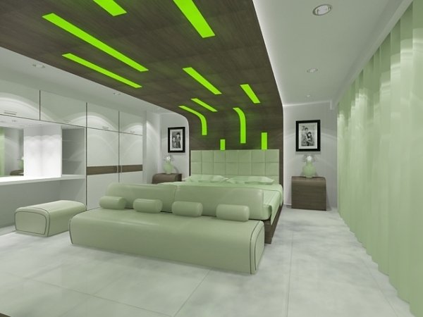 Grönt ljus i sovrummet tak design väggpaneler idéer