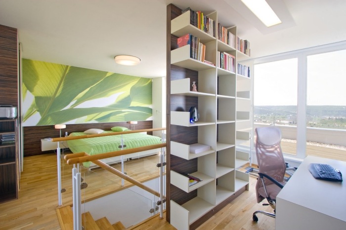 Sovrum-möbler-bokhylla-vägg-design-abstrakt-illustration