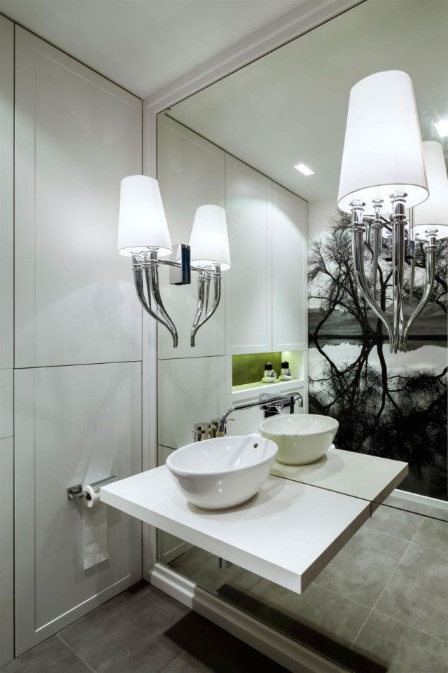 Badrumsvägglampor vit-indirekt belysning-fristående handfat spegelvägg