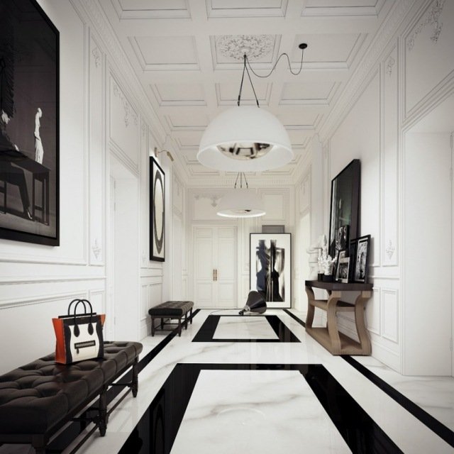 Hall design-golv marmor plattor-vit svart-stilig hängande lampa metallisk sfärisk
