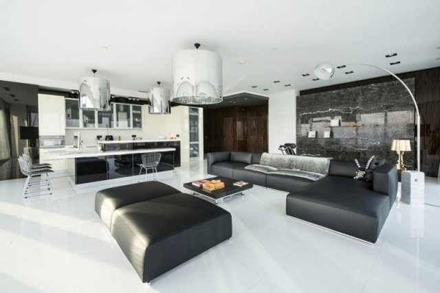 design med färger svart och vitt rostfritt stål lampskärm uplighter golvlampa lägenhet