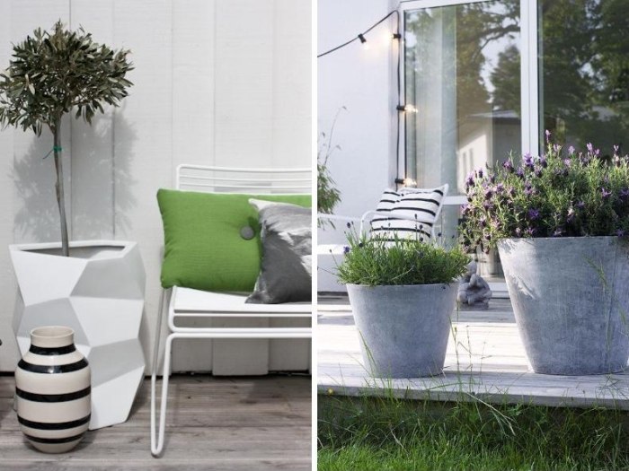 idéer-för-mysig-terrass-design-planters-dekorativa-former-vit