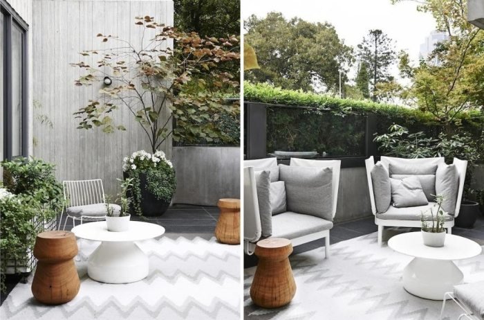 modern-terrass-design-utemöbler-fåtölj-trä-sidobord-massivt trä