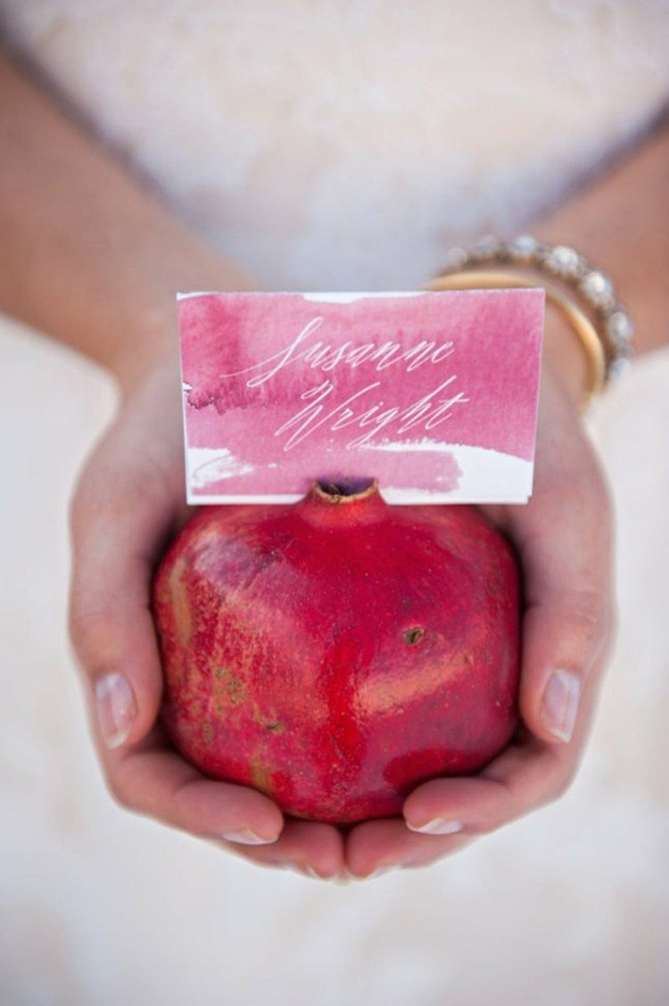 idéer för bröllopskort diy granatäpple akvarell namnlapp
